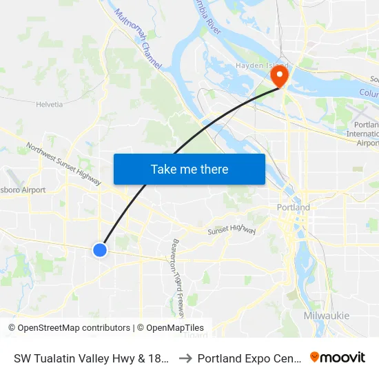 SW Tualatin Valley Hwy & 185th to Portland Expo Center map