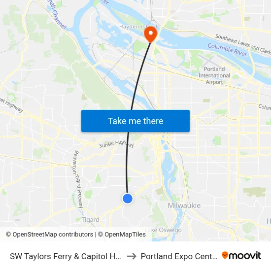 SW Taylors Ferry & Capitol Hwy to Portland Expo Center map