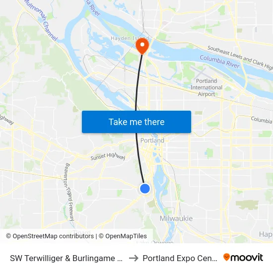 SW Terwilliger & Burlingame Ter to Portland Expo Center map