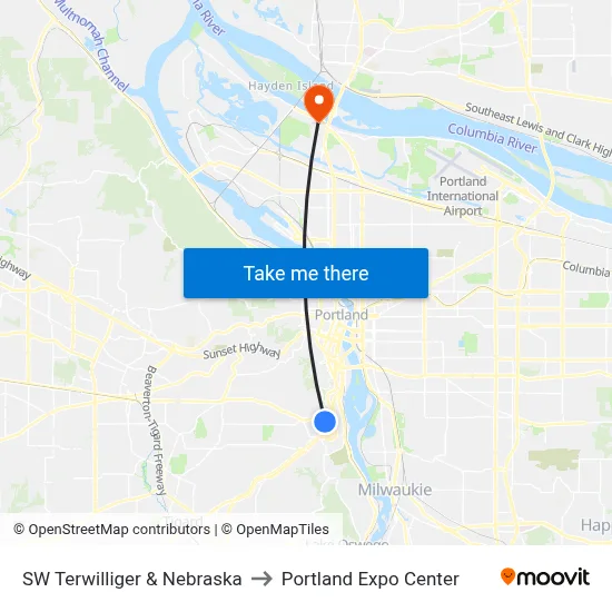 SW Terwilliger & Nebraska to Portland Expo Center map