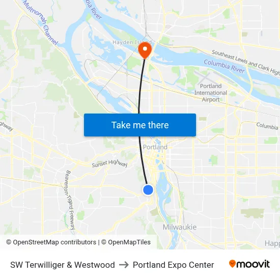 SW Terwilliger & Westwood to Portland Expo Center map
