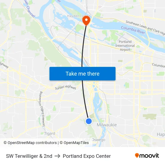 SW Terwilliger & 2nd to Portland Expo Center map