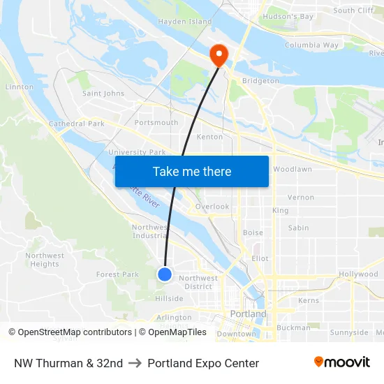 NW Thurman & 32nd to Portland Expo Center map