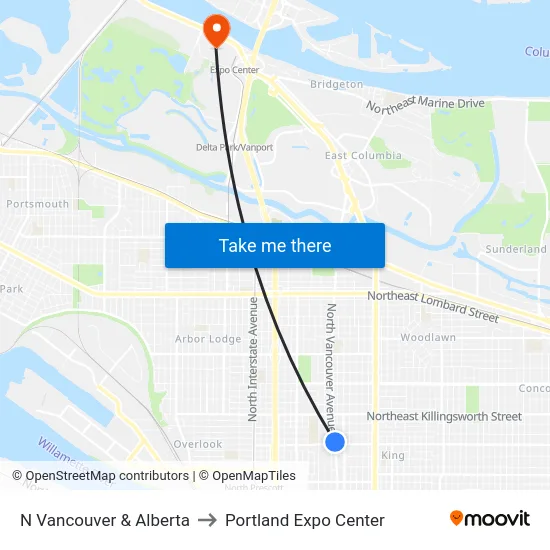 N Vancouver & Alberta to Portland Expo Center map