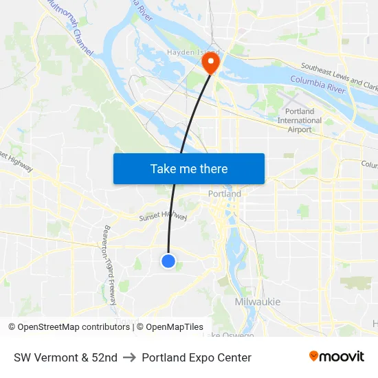 SW Vermont & 52nd to Portland Expo Center map