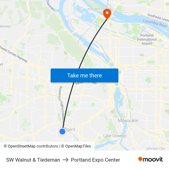 SW Walnut & Tiedeman to Portland Expo Center map