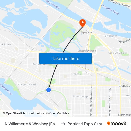 N Willamette & Woolsey (East) to Portland Expo Center map