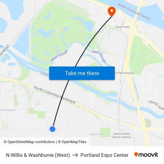 N Willis & Washburne (West) to Portland Expo Center map