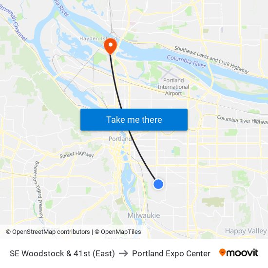SE Woodstock & 41st (East) to Portland Expo Center map
