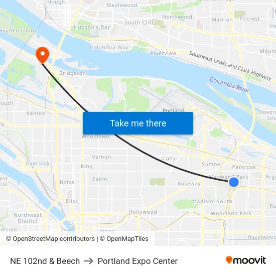 NE 102nd & Beech to Portland Expo Center map