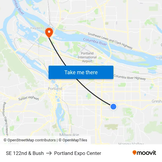 SE 122nd & Bush to Portland Expo Center map