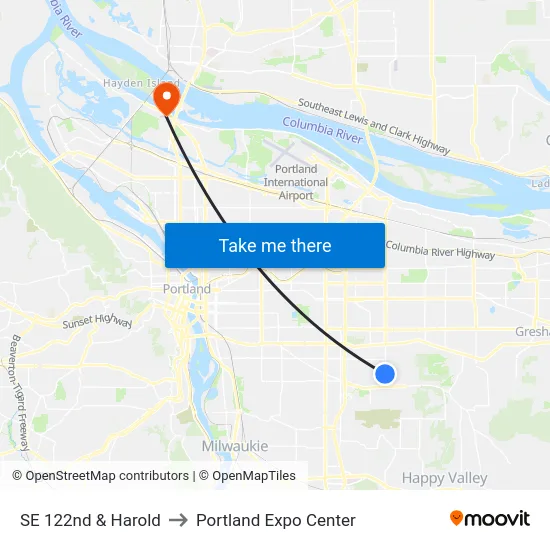 SE 122nd & Harold to Portland Expo Center map