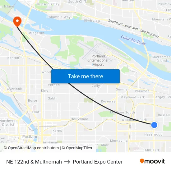 NE 122nd & Multnomah to Portland Expo Center map