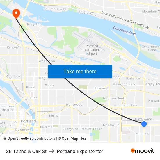 SE 122nd & Oak St to Portland Expo Center map