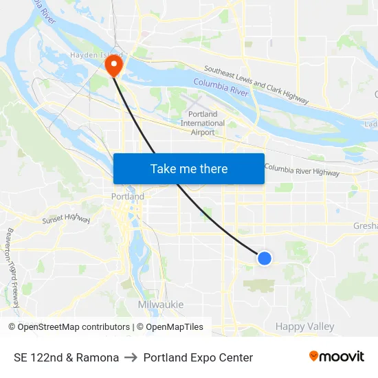 SE 122nd & Ramona to Portland Expo Center map