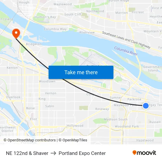 NE 122nd & Shaver to Portland Expo Center map