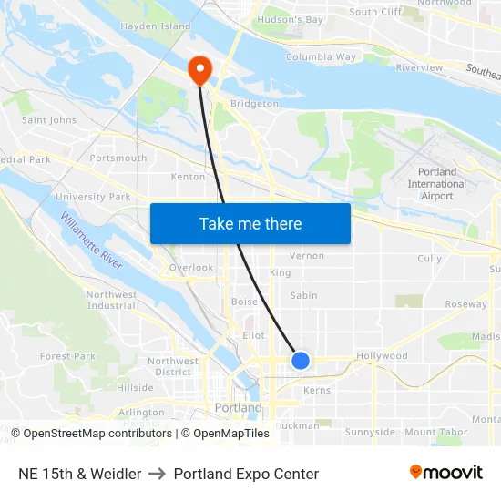 NE 15th & Weidler to Portland Expo Center map