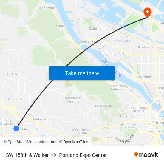 SW 158th & Walker to Portland Expo Center map