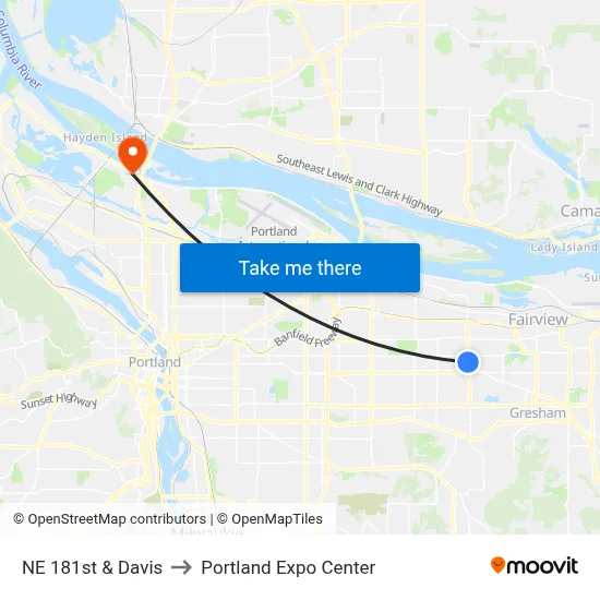 NE 181st & Davis to Portland Expo Center map