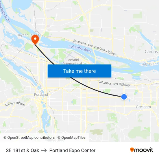 SE 181st & Oak to Portland Expo Center map