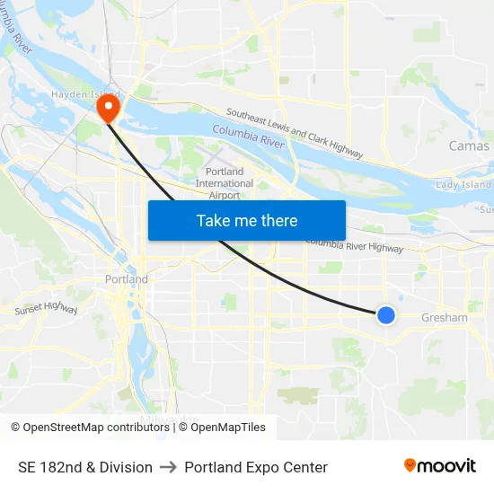 SE 182nd & Division to Portland Expo Center map