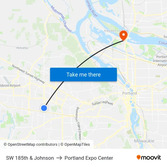 SW 185th & Johnson to Portland Expo Center map