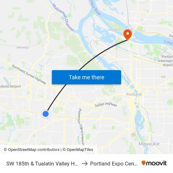 SW 185th & Tualatin Valley Hwy to Portland Expo Center map