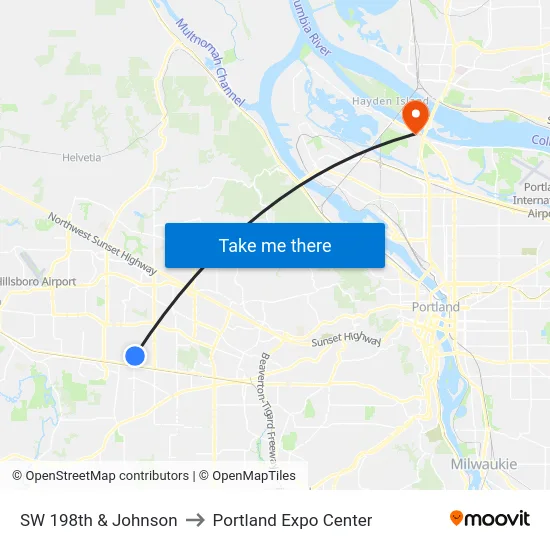 SW 198th & Johnson to Portland Expo Center map