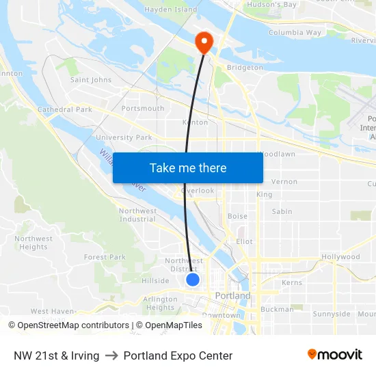 NW 21st & Irving to Portland Expo Center map