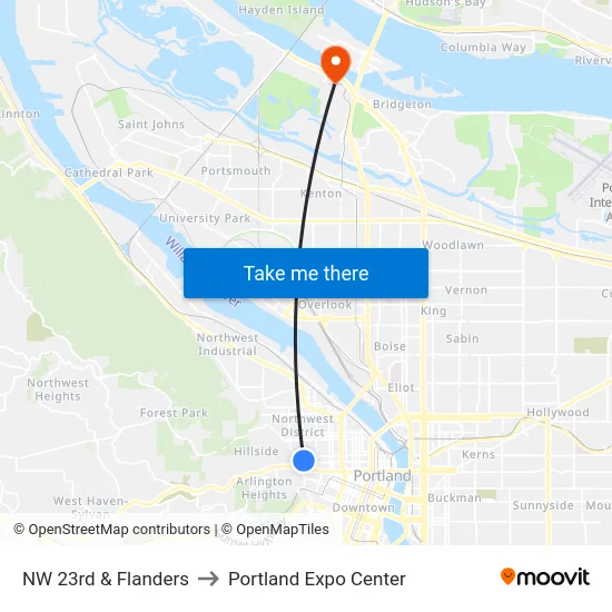 NW 23rd & Flanders to Portland Expo Center map