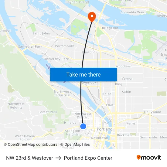 NW 23rd & Westover to Portland Expo Center map