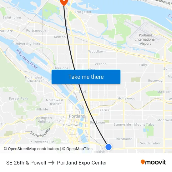 SE 26th & Powell to Portland Expo Center map