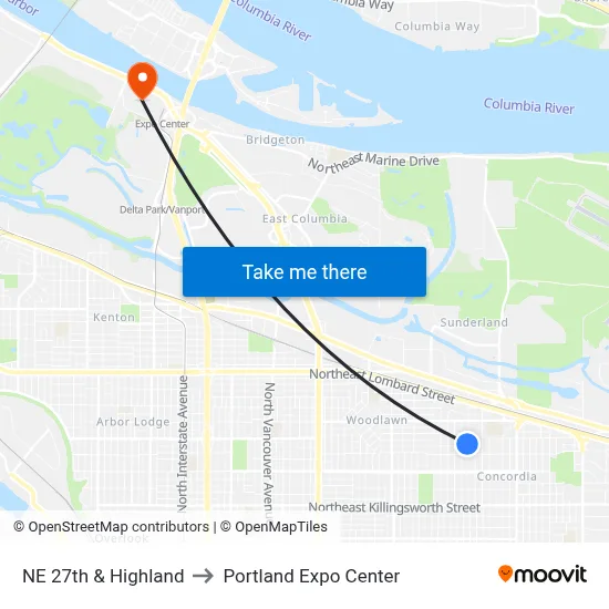 NE 27th & Highland to Portland Expo Center map