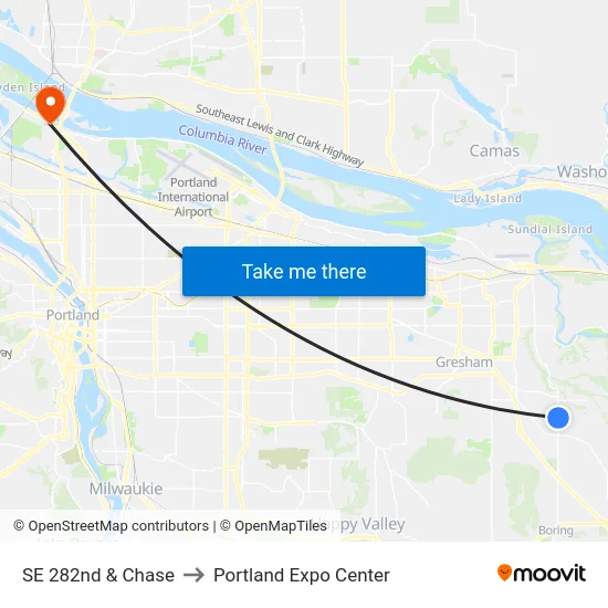 SE 282nd & Chase to Portland Expo Center map