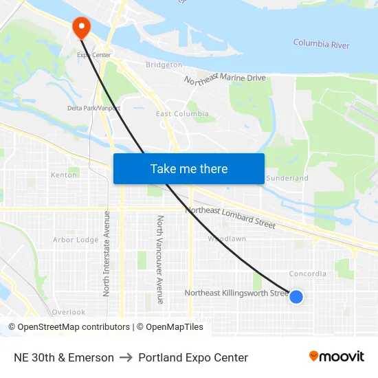 NE 30th & Emerson to Portland Expo Center map