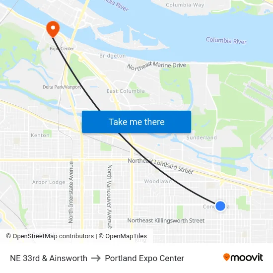 NE 33rd & Ainsworth to Portland Expo Center map