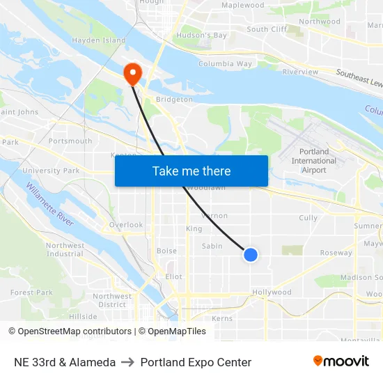 NE 33rd & Alameda to Portland Expo Center map
