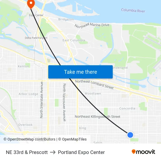 NE 33rd & Prescott to Portland Expo Center map