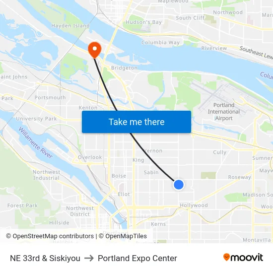 NE 33rd & Siskiyou to Portland Expo Center map