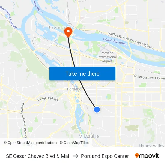SE Cesar Chavez Blvd & Mall to Portland Expo Center map