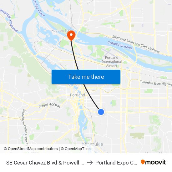 SE Cesar Chavez Blvd & Powell (South) to Portland Expo Center map