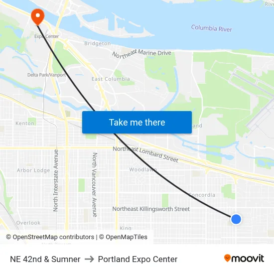 NE 42nd & Sumner to Portland Expo Center map