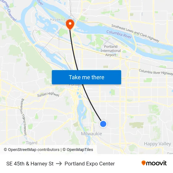 SE 45th & Harney St to Portland Expo Center map