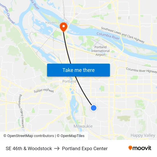 SE 46th & Woodstock to Portland Expo Center map