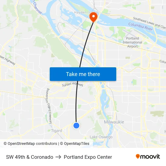SW 49th & Coronado to Portland Expo Center map
