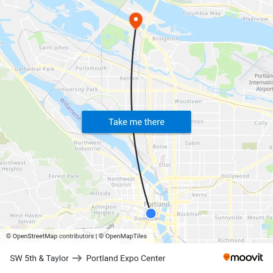 SW 5th & Taylor to Portland Expo Center map