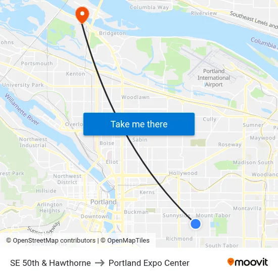 SE 50th & Hawthorne to Portland Expo Center map