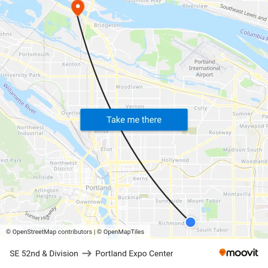 SE 52nd & Division to Portland Expo Center map