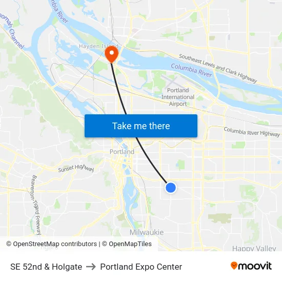 SE 52nd & Holgate to Portland Expo Center map