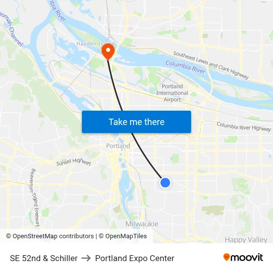 SE 52nd & Schiller to Portland Expo Center map
